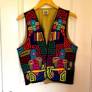 Artistic Vest From Panama, Panamanian Toucan Top Stitched, 100% Cotton, Medium